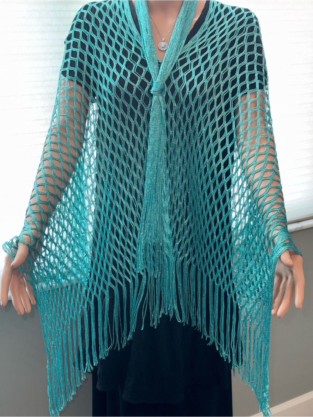 Metallic Teal Open-Knit Fringe Poncho Sweater - Women/One size fits All-NWOT